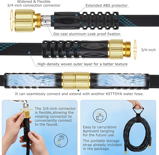 Non-Expanding Garden Hose 25 ft, Kink Free Flexible Water Hose with 10-Pattern Spray Nozzle, Lightweight Hose Pipe, Leak Proof, 3/4" Swivel Connectors, Super Fabric, Portable Storage Strap