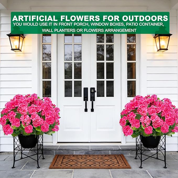 TURNMEON Artificial Geraniums Flowers for Outdoors Summer Decoration, 4 Bundles Fake Flowers Silk Pink Flowers UV Resistant No Fade Faux Plants for Planter Gardens Table Porch Indoor Cemetery Decor