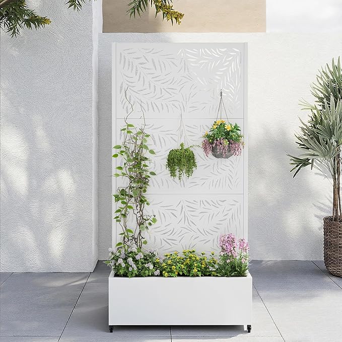 Metal Planter Box with Trellis,72"x35"x15",Galvanized Raised Garden Bed Trellis Outdoor Planter with Privacy Screen & Wheels and Drainage Holes,for Patio Climbing Vegetables,Flowers,Vines,White
