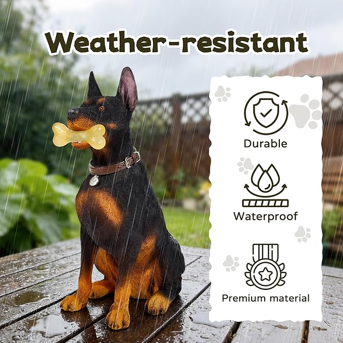 Doberman Solar Garden Statue - Outdoor Yard, Lawn, Patio Dog Decor - Unique Birthday Housewarming Gift for Dad, Mom, Men, Women