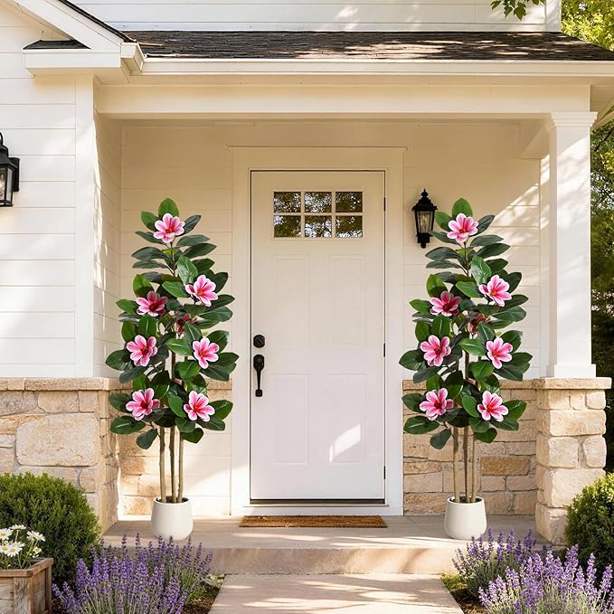 GarveeHome Faux Rubber Tree, 60 Inch Artificial Plants Indoor with Real Touch Leaves and Multi Trunks, Artificial Tree Fake Potted Plants with Pink Flowers for Home Decor Office Living Room