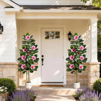 GarveeHome Faux Rubber Tree, 60 Inch Artificial Plants Indoor with Real Touch Leaves and Multi Trunks, Artificial Tree Fake Potted Plants with Pink Flowers for Home Decor Office Living Room
