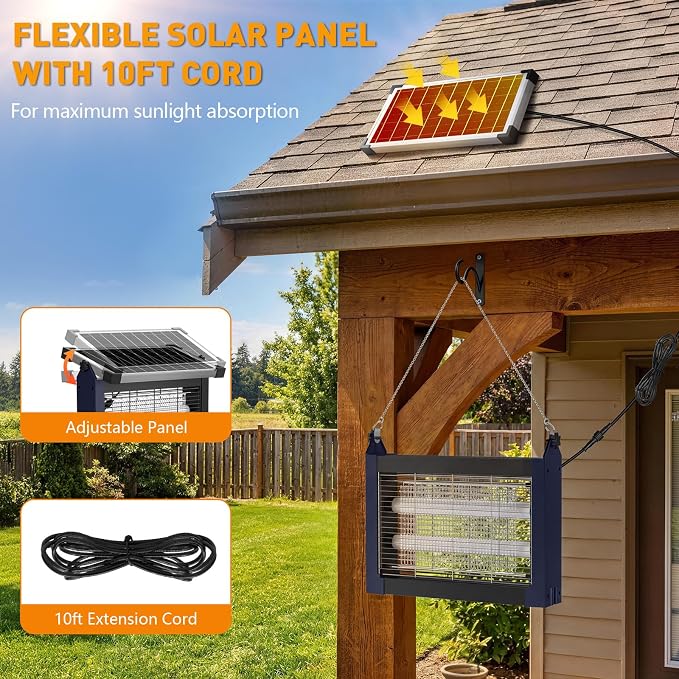 Solar Bug Zapper Outdoor, 4500V Solar Mosquito Zapper for Outdoor & Indoor, 1/2 Acre Coverage Cordless Rechargeable Electric Fly Zapper, IPX5 Waterproof Mosquito Traps for Backyard, Patio, Camping