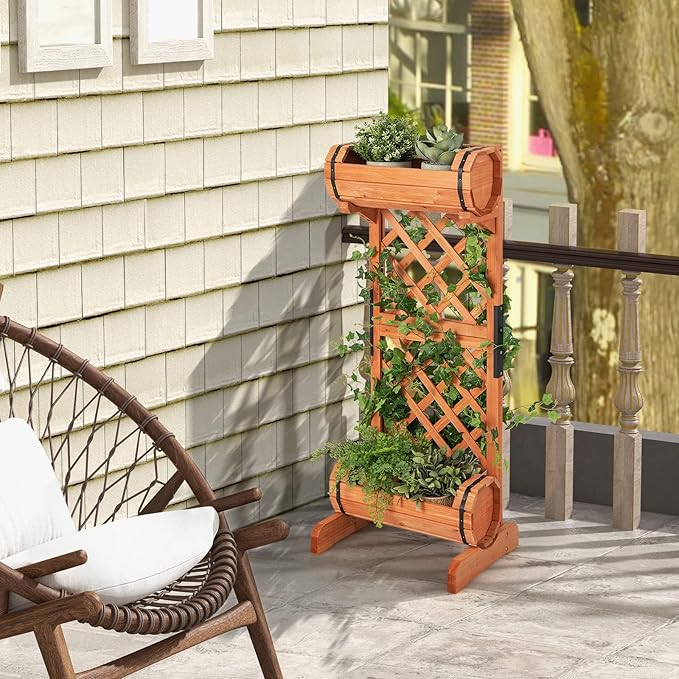 S AFSTAR Raised Garden Bed with Trellis, Outdoor Wood Garden Planter W/ 2-Tier Round Planter Box & Trellis for Vine Climbing Plants Growing, Vertical Plant Container for Garden Patio Balcony, Orange