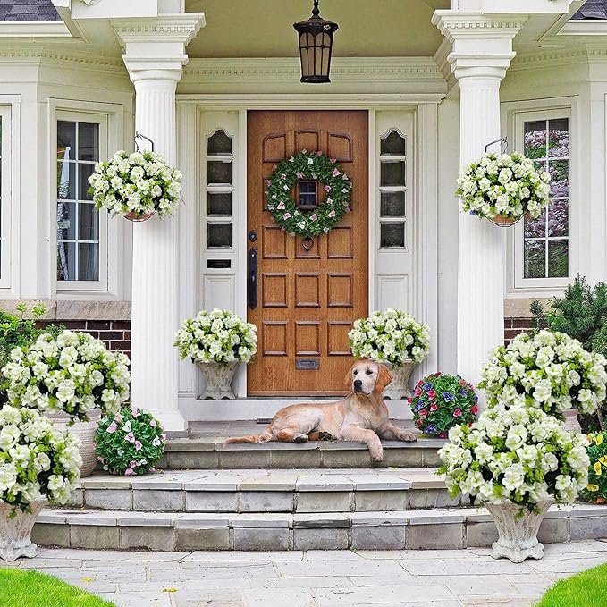 Artificial Geranium Flowers for Outdoor Decoration, 6 Bundles UV Resistant Silk Geranium Fake Plants Faux Flowers for Front Porch Garden Patio Window Box Outside Indoor Decor (White)