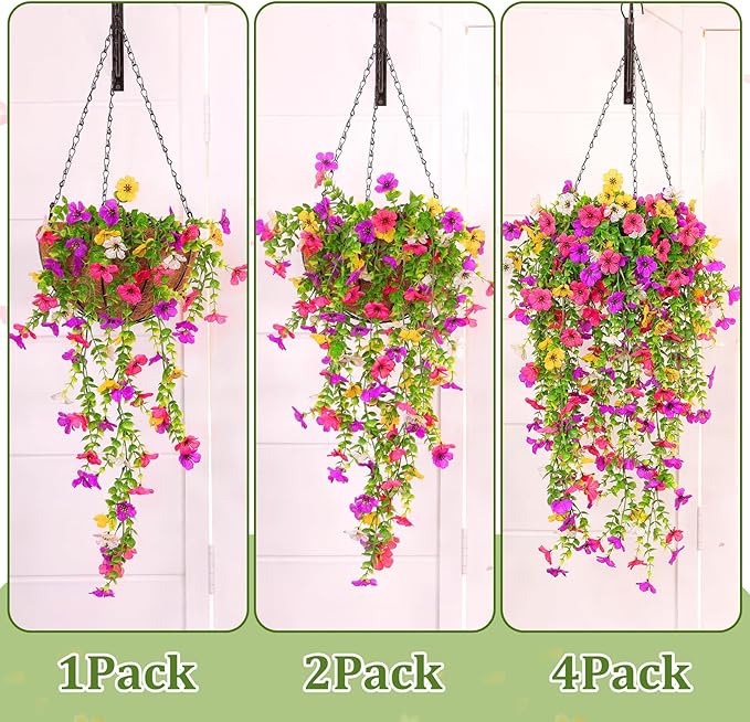 TURNMEON 4 Pcs Artificial Flowers for Outdoors Spring Summer Decor, UV Resistant No Fade Fake Hanging Flowers Plants Faux Plastic Realistic Silk Flower for Gardens Porch Planter Patio Yard Home Indoor