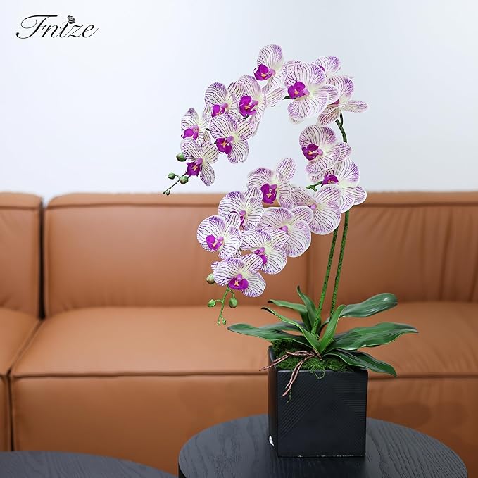 Fnize Faux Orchid Stems Artificial Flowers Phalaenopsis 38 Inch 2pcs Real Touch Latex 9 Large Petals Purple Pattern