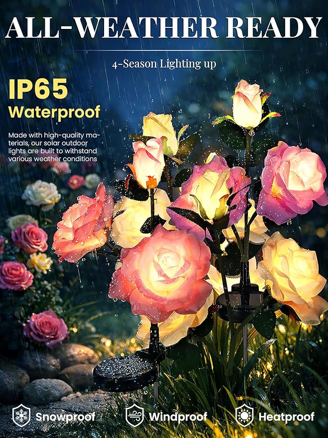 GIGALUMI Solar Lights Outdoor for Garden Decor, 6 Pack Solar Flower Lights Waterproof, 2 Lighting Modes 18 Roses for Pathway,Yard, Patio Decoration, Gardening Gifts for Women (Multi-Colored)