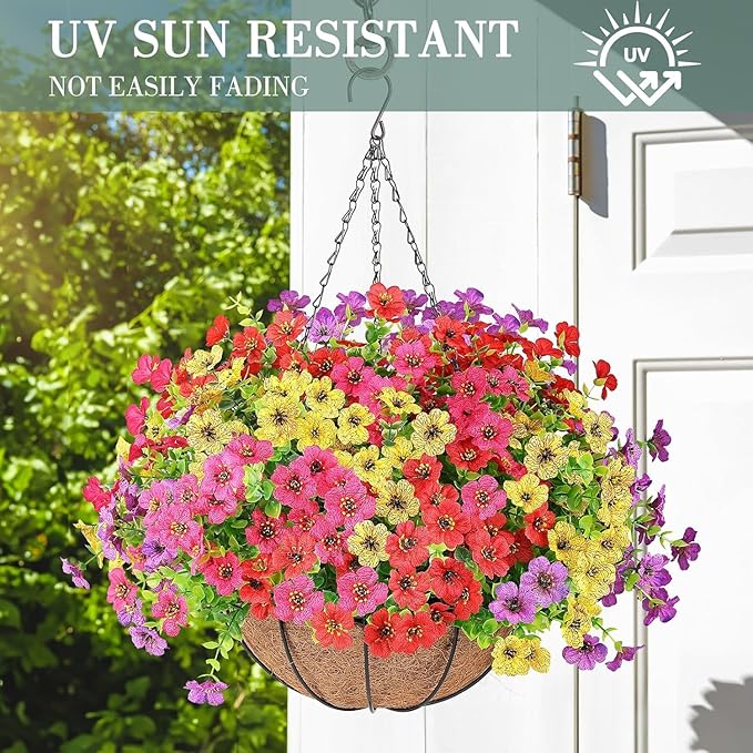 Artificial Flowers Hanging Plants in Basket,Artificial Hanging Flowers for Outdoor Indoor Decor,UV Resistant hanging Baskets with Fake Flowers for Spring Summer Patio Garden Porch Deck Home Decor