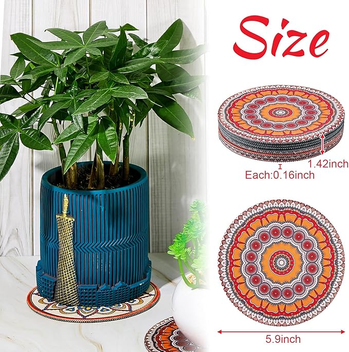Nuanchu 6 Pieces Boho Plant Coasters 5.9 Inch Rubber Absorbent Non Slip Plant Pot Mats for Gardening Indoor Outdoor Round Bohemian Mandala Decorative Plants Saucers for Table Floor Protection Home