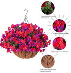 Artificial Hanging Flowers Plant with Basket for Outdoors Spring Decor, Fake Hanging Plants Silk Bougainvillea in Planter Look Real UV Resistant Faux Flower for Outside Porch Patio Garden Home, Mix