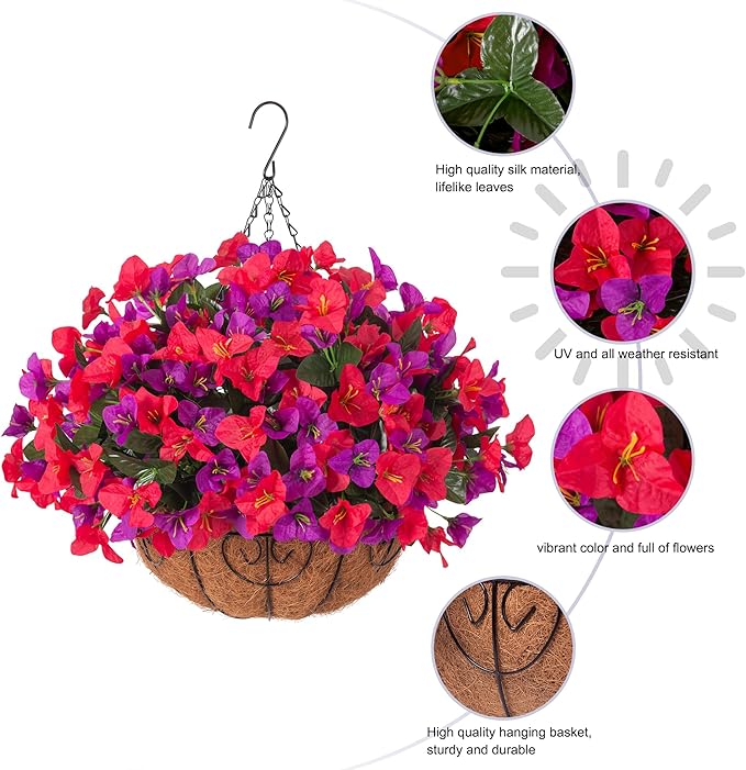 Artificial Hanging Flowers Plant with Basket for Outdoors Spring Decor, Fake Hanging Plants Silk Bougainvillea in Planter Look Real UV Resistant Faux Flower for Outside Porch Patio Garden Home, Mix