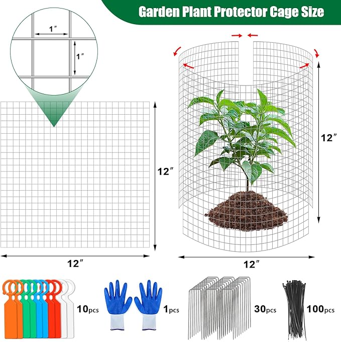 30Pcs Garden Plant Protector Cage 12''x12'', 10 Set Metal Wire Protectors for Plants, Protection Cages with Stakes Nylon Ties, Animals Barrier to Keep Chicken Rabbit Away from Plants Flower Vegetables