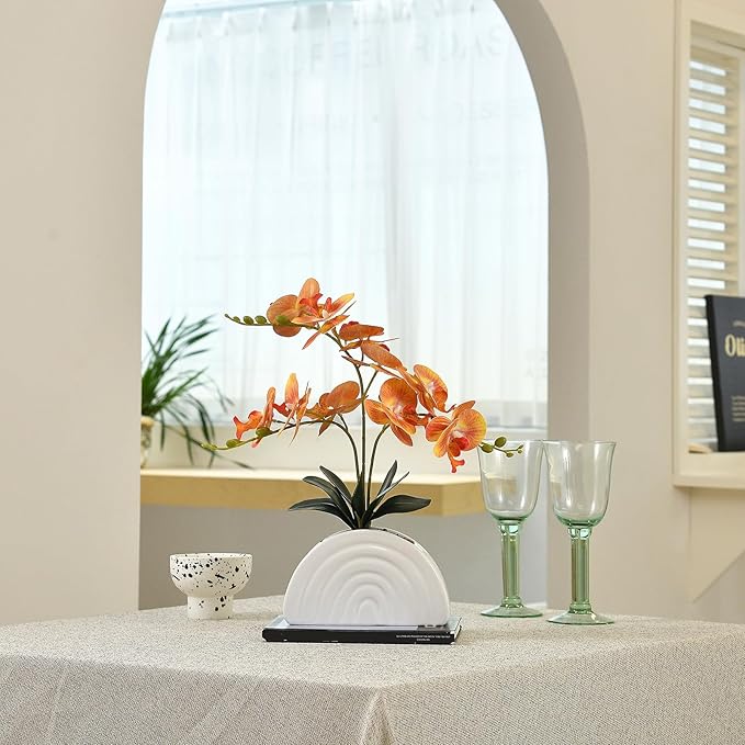 Fake Orchid Plant in White Rainbow Pot, Artificial Silk Phalaenopsis Orchid Flowers for Home Décor, Table Centerpiece, Office Desk (Orange)