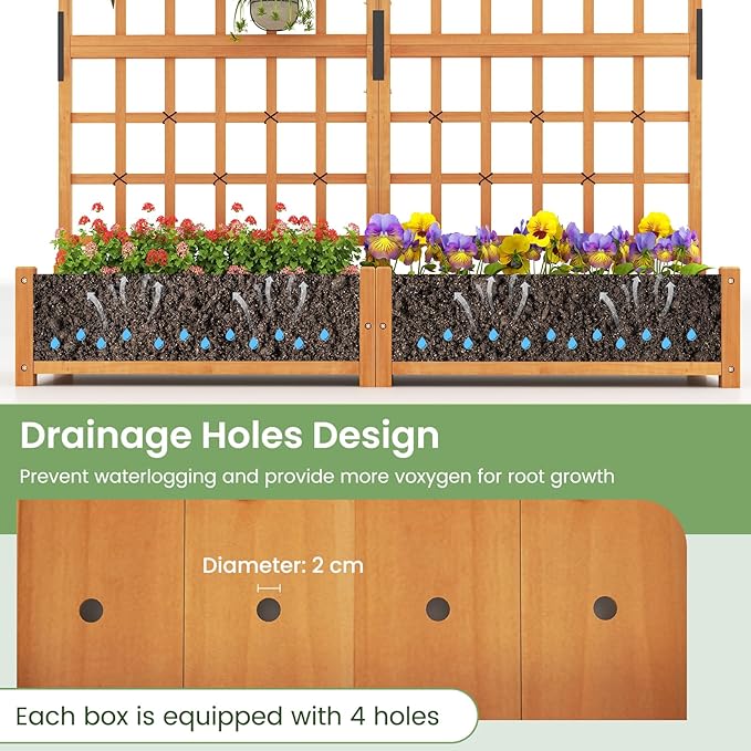 HAPPYGRILL 71" Raised Garden Bed with Trellis, Wood Planter Container w/2 Hanging Roof & Garden Boxes, 4 Drainage Holes, Outdoor Planter Box w/Removable Bottom Plate for Climbing Plants Flowers Vine
