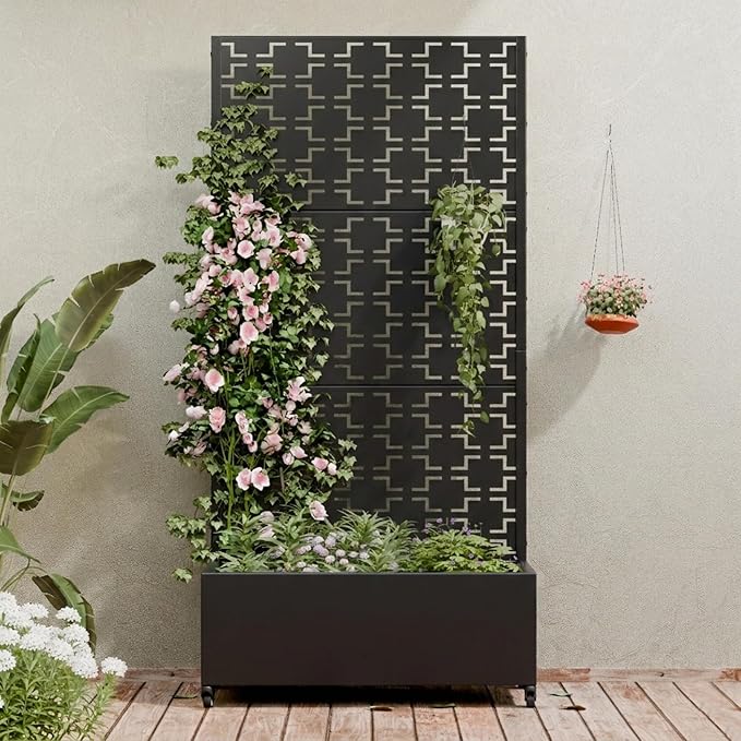 Casaphoria Metal Raised Garden Bed with Trellis and Wheels, 72"x35"x16" Planter Box for Climbing Plants, Vegetables & Vines, Features Drainage Holes and Privacy Screen, Black-Square