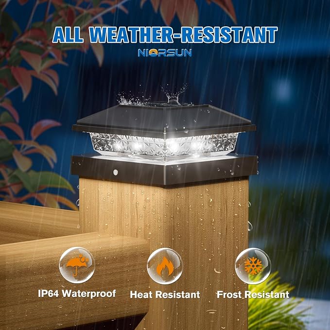 NIORSUN Solar Post Lights Outdoor, Fence Post Solar Lights Cool White, Waterproof, Garden Patio Fence Deck Decor, 4x4 Posts Cap Wood Vinyl, Black 6 Pack