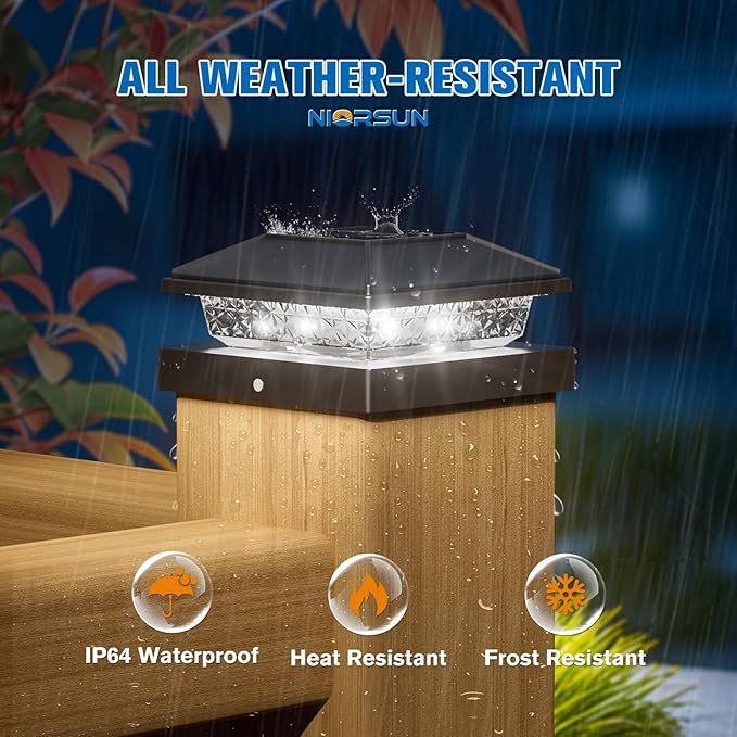 NIORSUN Solar Post Lights Outdoor, Fence Post Solar Lights Cool White, Waterproof, Garden Patio Fence Deck Decor, 4x4 Posts Cap Wood Vinyl, Black 12 Pack