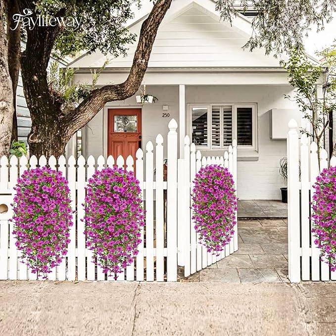 Artificial Hanging Flowers for Outdoors Spring Summer Decoration, 4PCS UV Resistant Silk Fake Hanging Plants for Patio Porch Front Yard Window Garden Indoor Decor(Purple,4PCS)