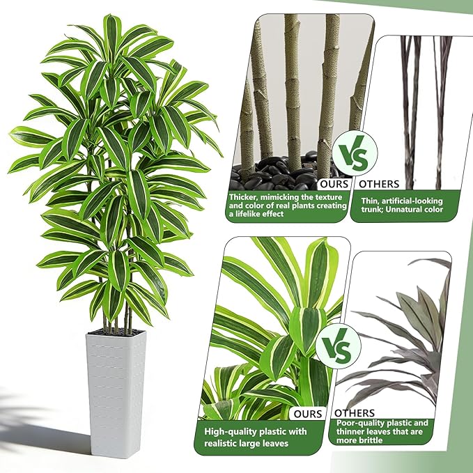 Artificial Yellow Dracaena Tree - 7FT Tall Fake Plants with White Tall Planter - Artificial Plants Indoor Floor Plant in Pot - Large Tropical Fake Yucca Potted Tree for Home Office Living Room Decor