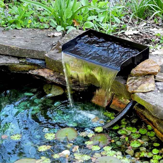 POPOSOAP Pond Waterfall Spillway with Pump Kit, 304 Stainless Steel Pond Waterfall Box, Pond Spillway with 9.8FT Corrugated Tubing for Garden Waterfall Water Features-8Inch-P42