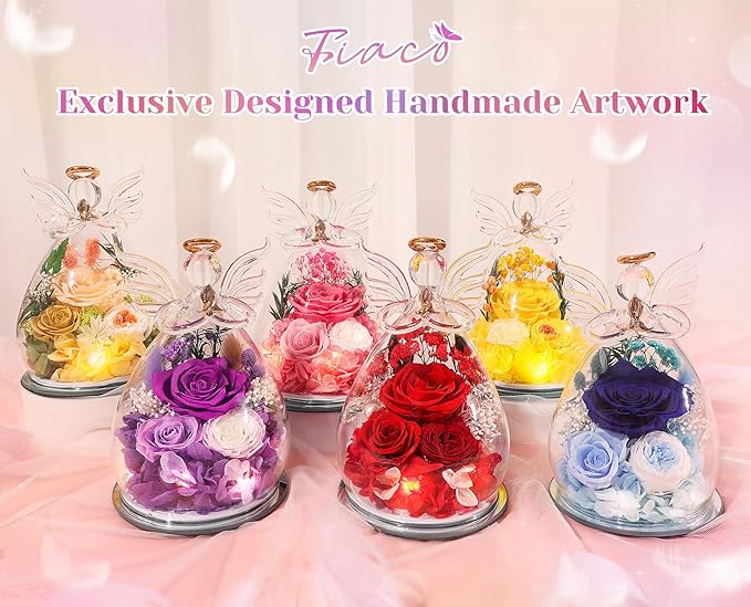 Gifts for Mom Birthday Gifts for Women Preserved Rose Forever Flower in Glass Angel Figurines Fresh Flowers for Delivery Anniversary Real Colorful Roses for Grandma Her Wife Mothers from Daughter