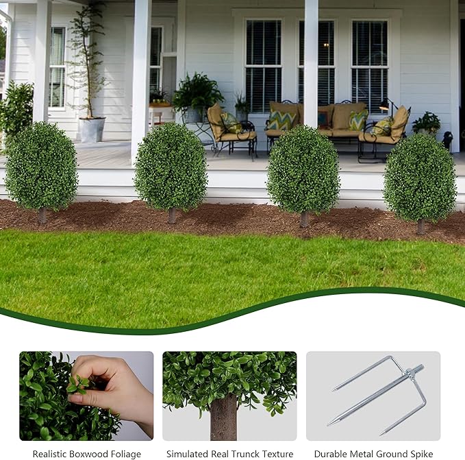 INSPRING 27'' Artificial Boxwood Topiary Trees Outdoor Fake Bushes Plants UV Resistant Evergreen Shrubs with Metal Ground Spike for Porch Patio Garden, 1 Pack