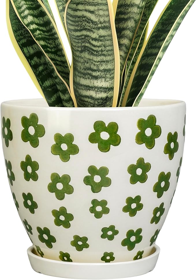 MPotTo 8.2 Inch Plant Pot - Ceramic Flower Pot Indoor with Drainage Hole and Saucer, Boho Round Decorative Planter for Indoor Plants, Housewarming Gifts, Office Garden Home Room Decor, White