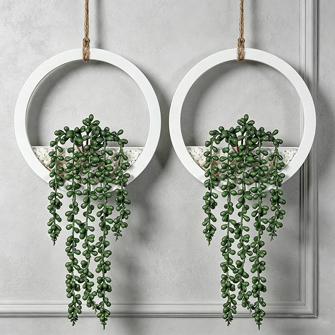 Boho Wall Decor, 2Pcs Fake Hanging Plants Artificial Succulents, Indoor Hanging Planter Greenery Decor, Perfect for Bathroom Living Room Bedroom Office Washroom, Faux Succulent Wall Floating Plants