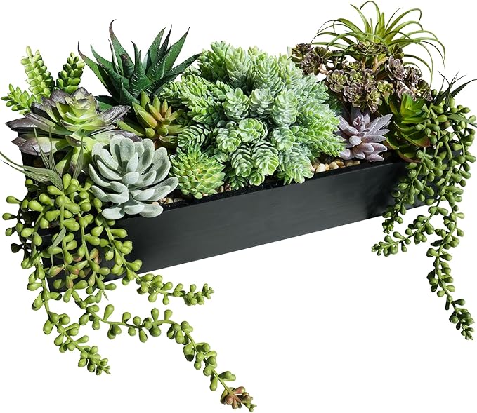 Winlyn 15" Artificial Succulents Arrangement Faux Succulents in Rectangular Black Wooden Planter Box Faux Potted Succulents Plant Garden for Gifts Home Table Centerpiece Mantel Greenery Décor