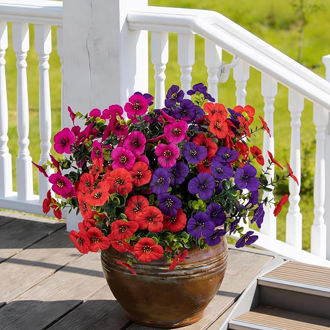 17 Inch Artificial Faux Pansy Flowers for Outdoor,Fake Pansies Flowers with Eucalyptus Leaves Fake Plants Greenery Boxwood Porch Patio Decor 6 Bundles(Red,Rose Red,Dark Purple)
