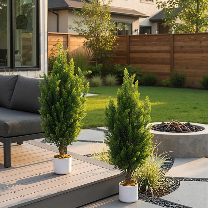 Garvee 2 Pack 3FT Artificial Cedar Trees 3FT, Evergreen Faux Plants for Indoor Outdoor Office Decor