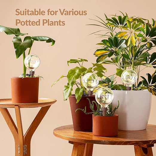 NiHome Plant Self-Watering Globes for Busy Individuals & Travelers, Long-Lasting Moisture Consistent Dripper Spike for Indoor & Outdoor Plants, Adjustable Flow Valve Easy to Refill & Maintain (4-Pack)