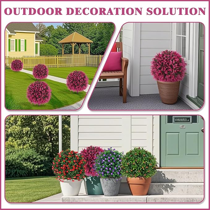 Grooy Artificial Topiary Tree with Pink Eucalyptus, Set of 2 Artificial Shrub Bushes with Ground Spike, Fake Evergreen Tree for Porch, Artificial Plants for Outdoor Planters Indoor UV Resist