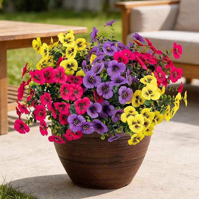 17 Inch Artificial Faux Pansy Flowers for Outdoor,Fake Pansies Flowers with Eucalyptus Leaves Fake Plants Greenery Boxwood Porch Patio Decor 6 Bundles(Light Purple,Dark Rose,Yellow)