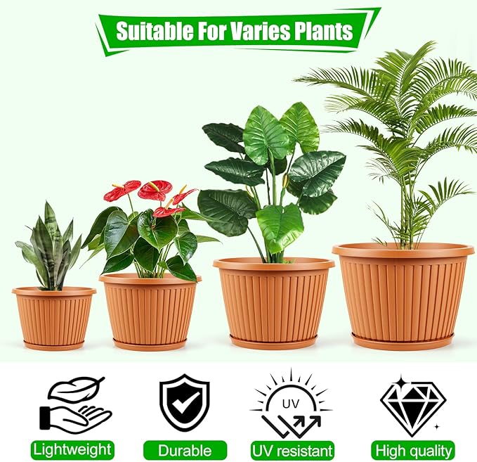 Myfeegoin Planter-Pots-for-Plants-Indoor-Outdoor, 4 Pack 10 Inch Plastic Flower Pots with Saucer & Drainage Holes, Modern Garden Planters for Planting Medium Large Plants，Decorative Resin Garden Pots