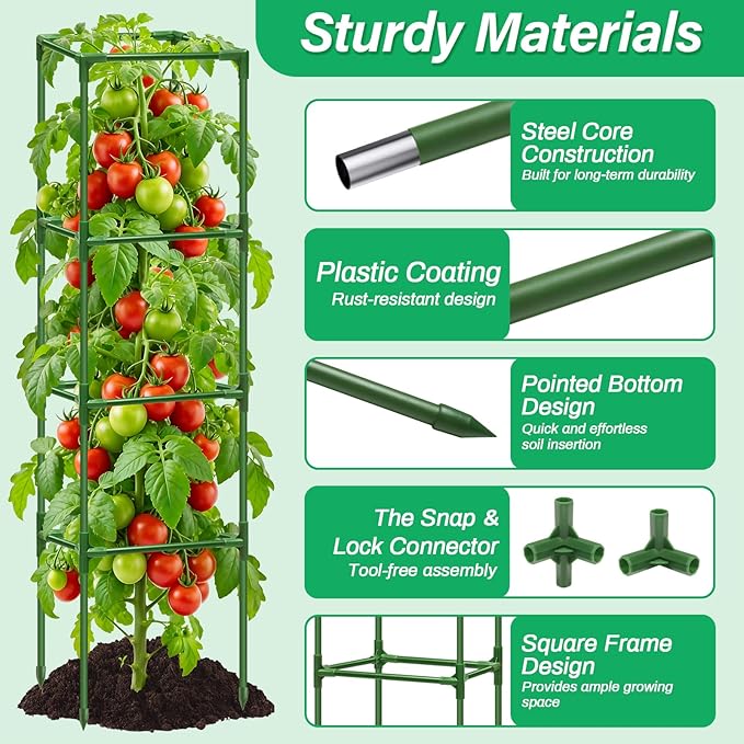 6 Pack Square Tomato Cages for Garden, 60 Inch Adjustable Tomato Stakes, Metal Tomato Trellis, Garden Plant Support for Potted Climbing Plants, Vegetables Flowers Fruits, Raised Garden Bed
