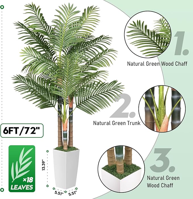 6ft Artificial Palm Tree Indoor Plant，Triple Faux Tropical Areca Floor Plant in Pot，Artificial Plants with Lifelike Leaves for Home Office Decor