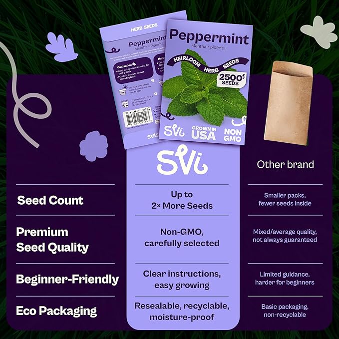 SVI 2500 Peppermint Seeds (Mentha piperita) - Aromatic Perennial Herb, Peppermint for Tea, Culinary Use - Non GMO & Herb Seeds for Outdoor & Indoor Garden, Containers