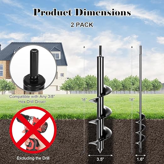 Gbekery Auger Drill Bit for Planting 2 Pack,1.6x16 inch&3.5x16 inch,Auger Drill Bit Suitable for 3/8'' Hex Drill Driver,Garden Spiral Hole and Planter for Bulbs,Fence Posts,and Umbrella Holes