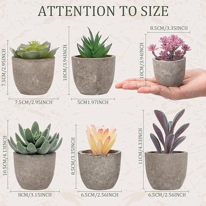 Set of 6 Artificial Succulents Potted - Realistic Mini Fake Cactus Plants in Paper Pulp Pots, 2-4'' Mixed Sizes for Farmhouse Shelf, Bathroom, Coatrack Shelf, Bedroom Indoor(Classic Style)