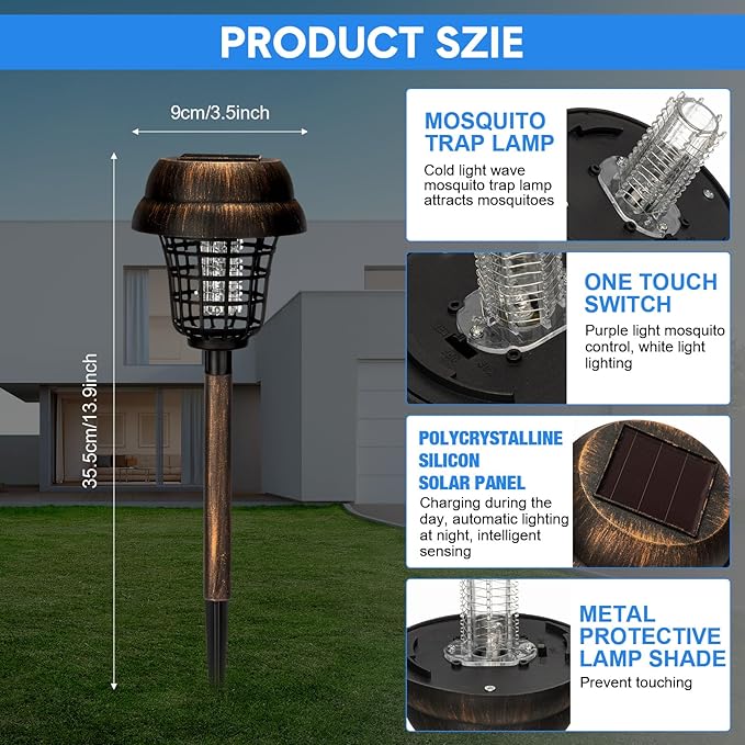 Qualirey 4 Pcs Solar Mosquito Zapper Outdoor Waterproof Solar Powered Bug Zapper Outdoor Mosquito Killer Lamp Trap Repellent Light for Garden Yard Insect (Purple and White Light,Bronze)