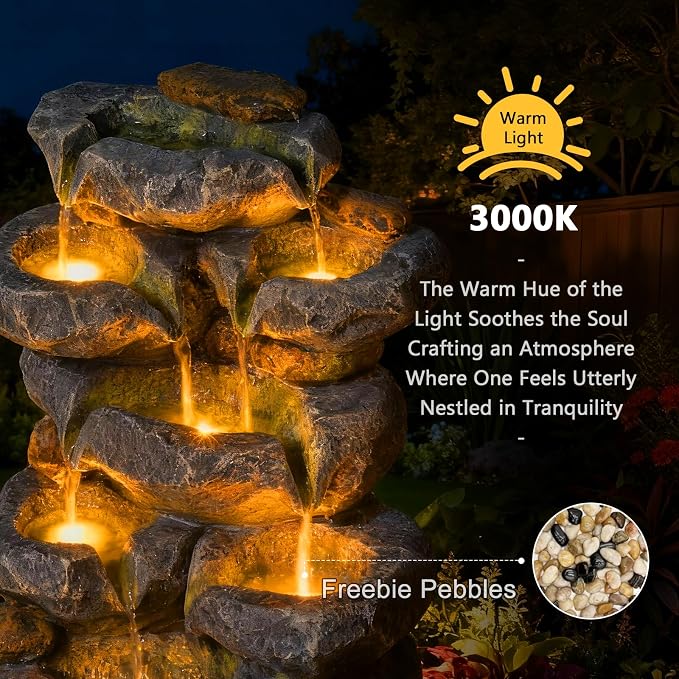 Solar Water Fountain Outdoor Garden, 24" H Cascading Stone Design 5 Tier Rock Feature Outdoor Fountains Waterfalls with Light, Pump Solar Panel for Patio, Deck, Porch, Backyard Home Décor