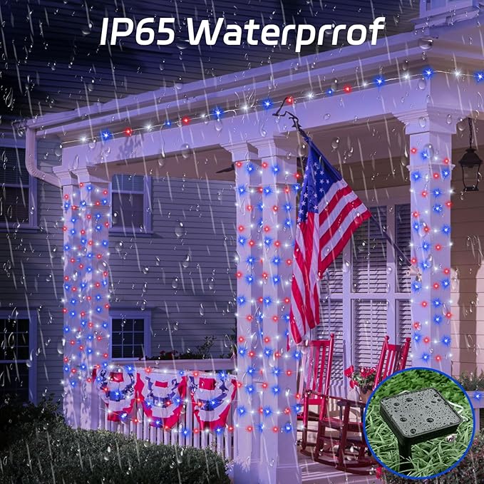 cshare Red White and Blue Solar Fairy Lights, 4th of July Lights Waterproof Outdoor 16.4ft 50LED 8 Modes Memory Function Independence Day Memorial Day Decorations
