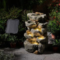 Solar Water Fountain Outdoor Garden, 24" H Cascading Stone Design 5 Tier Rock Feature Outdoor Fountains Waterfalls with Light, Pump Solar Panel for Patio, Deck, Porch, Backyard Home Décor