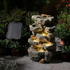 Solar Water Fountain Outdoor Garden, 24" H Cascading Stone Design 5 Tier Rock Feature Outdoor Fountains Waterfalls with Light, Pump Solar Panel for Patio, Deck, Porch, Backyard Home Décor