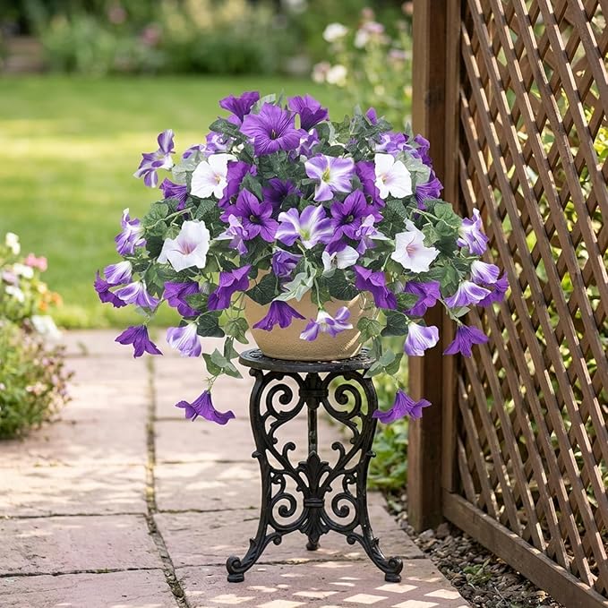 CEWOR 4pcs Artificial Flowers Plants for Outdoor Indoor, Fake Silk Flowers UV Resistant Faux Petunias Flower for Garden Front Door Porch Planter Patio Home Decor (Purple White)