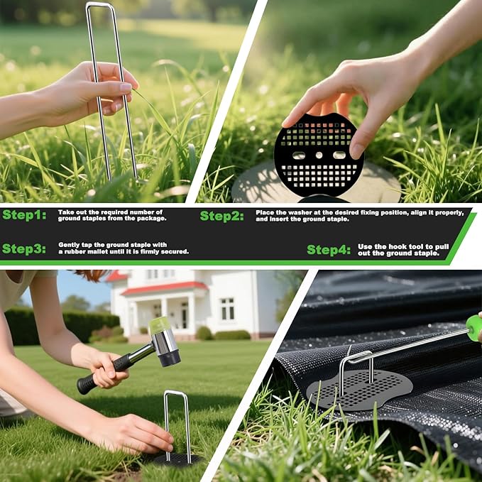 6 Inch Landscape Staples Set, 11 Gauge Galvanized U-Shaped Garden Stakes (200 Pack) with Gaskets, Hook Tool & Rubber Mallet for Weed Fabric & Landscaping
