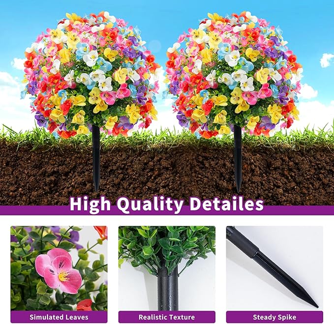2 Pack Artificial Pansy for Outdoors with Ground Spike, Artificial Flowers Topiary Ball Trees Faux Flowers Bushes for Front Porch Planters Patio Garden Yard Decor (Purple, Red, Blue, White, Yellow)