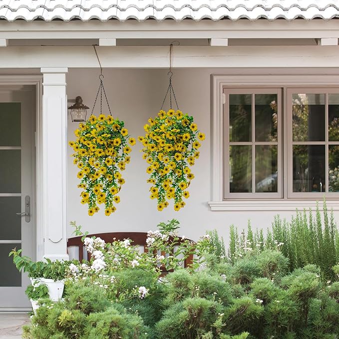 4 Pcs Fake Outdoor Artificial Flowers For Outdoors Uv Resistant, Plastic Flowers For Outdoors, Fake Hanging Plants Faux Flowers For Outdoor Planters, Silk Spring Flowers For Outside Porch（Yellow）